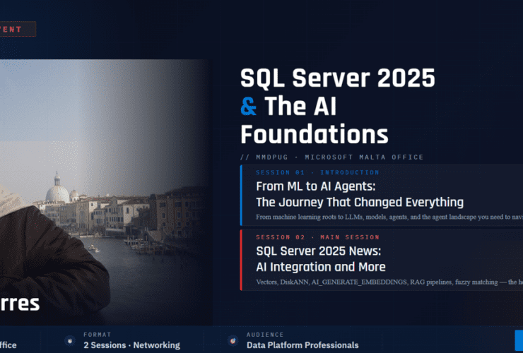 Event banner featuring speaker Dennes Torres beside a waterfront city, with the title 'SQL Server 2025 & The AI Foundations' on a dark blue background.