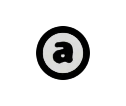 Brand logo: white circle with a stylized black lowercase 'a' inside on a black background.