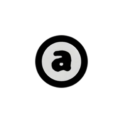 Brand logo: white circle with a stylized black lowercase 'a' inside on a black background.