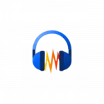 Blue headphones encircle an orange heartbeat waveform on a black background, suggesting audio/health monitoring.