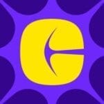 Brand logo: a yellow rounded-square emblem with a purple curved notch on a purple starburst background.
