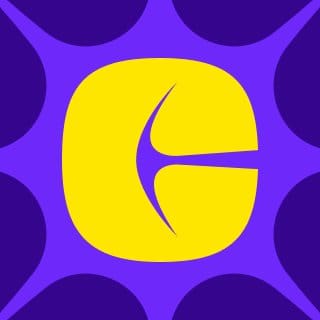 Logo: yellow rounded-square with a stylized purple 'G' on a vivid purple starburst background.