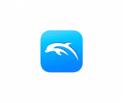 Blue rounded-square app icon with a black dolphin silhouette centered on a gradient blue background.