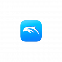 Blue rounded-square app icon with a black dolphin silhouette centered on a gradient blue background.