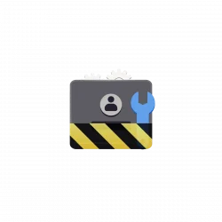 Icon for maintenance: a gear and wrench with a user avatar on a striped caution panel.