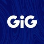 GiG logo: white stylized letters on a dark blue, woodgrain-pattern background, representing the brand on a textured backdrop.