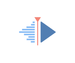 Logo-style icon featuring a blue right-pointing play triangle, a vertical red divider with a pink apex on top, and blue left-side audio-wave bars resembling a speaker against a black background.