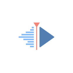Logo-style icon featuring a blue right-pointing play triangle, a vertical red divider with a pink apex on top, and blue left-side audio-wave bars resembling a speaker against a black background.