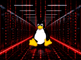 Linux penguin (Tux) stands in a red-lit data center with warning panels about a system breach nearby,