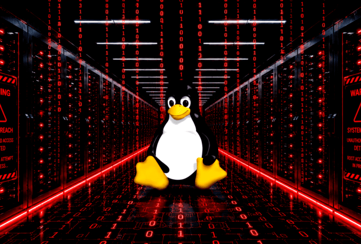 Linux penguin (Tux) stands in a red-lit data center with warning panels about a system breach nearby,