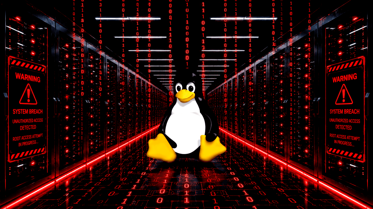 Linux penguin (Tux) stands in a red-lit data center with warning panels about a system breach nearby,