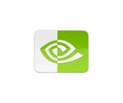 Abstract logo with a stylized eye shape split between a white left half and a green right half on a rounded rectangle.