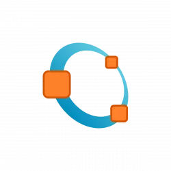Circular blue arc with three orange squares, indicating data synchronization.