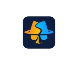 Abstract app icon: two interlocking curved shapes in yellow and blue on a dark blue rounded square background, forming a playful emblem.