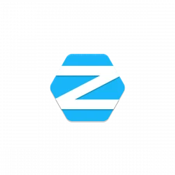 Blue hexagon logo with a white diagonal Z-shaped stripe on a black background